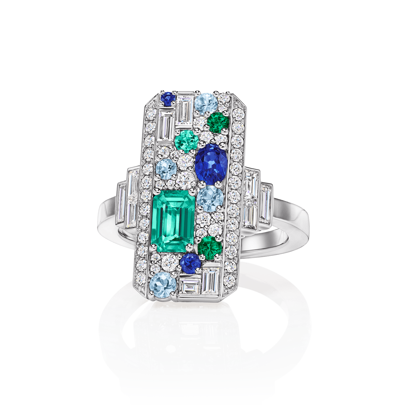 An octagonal ring featuring 3 round and oval-shaped sapphires, 4 round aquamarines, and 1 emerald-cut and 3 round emeralds weighing a total of approximately 1.05 carats with 54 square-cut, baguette and round brilliant diamonds set in platinum
