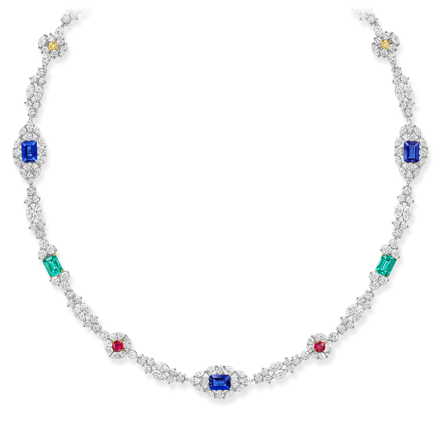 A necklace featuring 4 emerald-cut sapphires, 4 round rubies and 2 emerald-cut emeralds weighing a total of approximately 7.76 carats, with 2 round yellow diamonds and 204 marquise and round brilliant colorless diamonds, set in platinum and 18 karat yellow gold