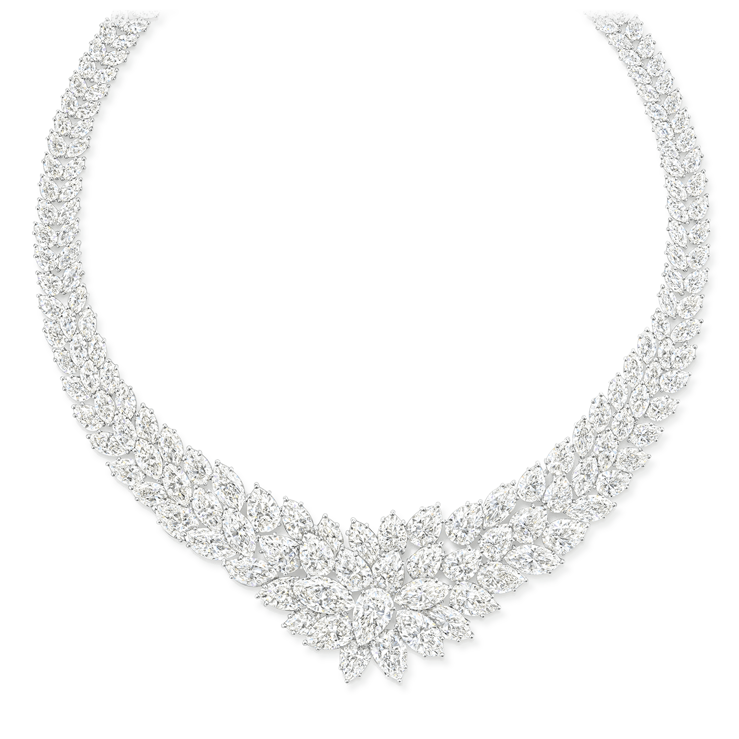 A necklace featuring 195 marquise and pear-shaped diamonds weighing a total of approximately 136.66 carats, set in platinum.
