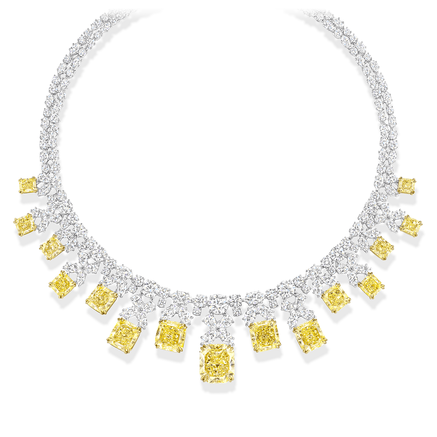 A necklace featuring w15 radiant-cut fancy yellow diamonds weighing a total of approximately 53.50 carats with 186 marquise, pear-shaped, and round brilliant colorless diamonds, set in platinum and 18 karat yellow gold