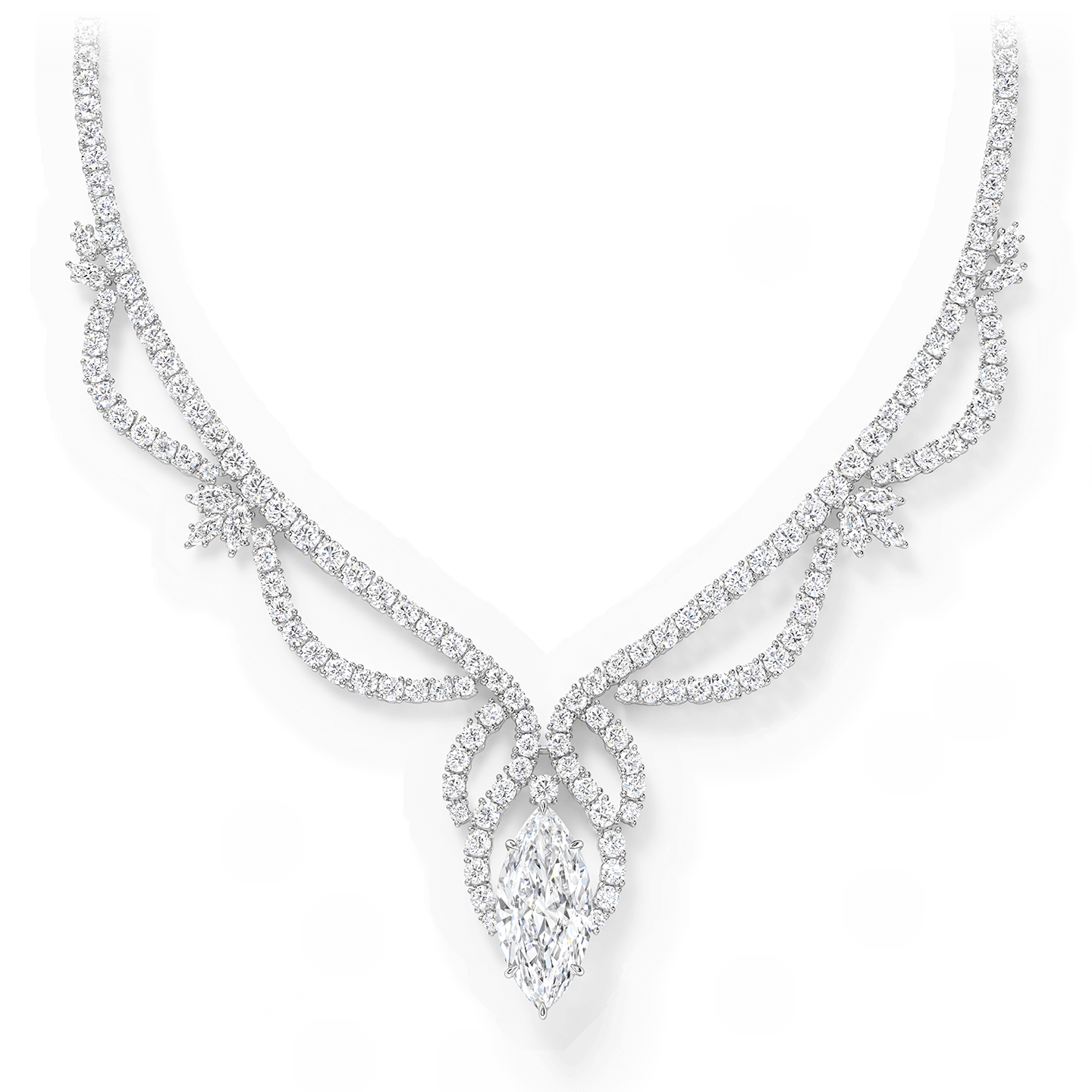 A spectacular diamond necklace featuring a marquise diamond weighing 10.72 carats with 205 marquise and round brilliant diamonds set in platinum