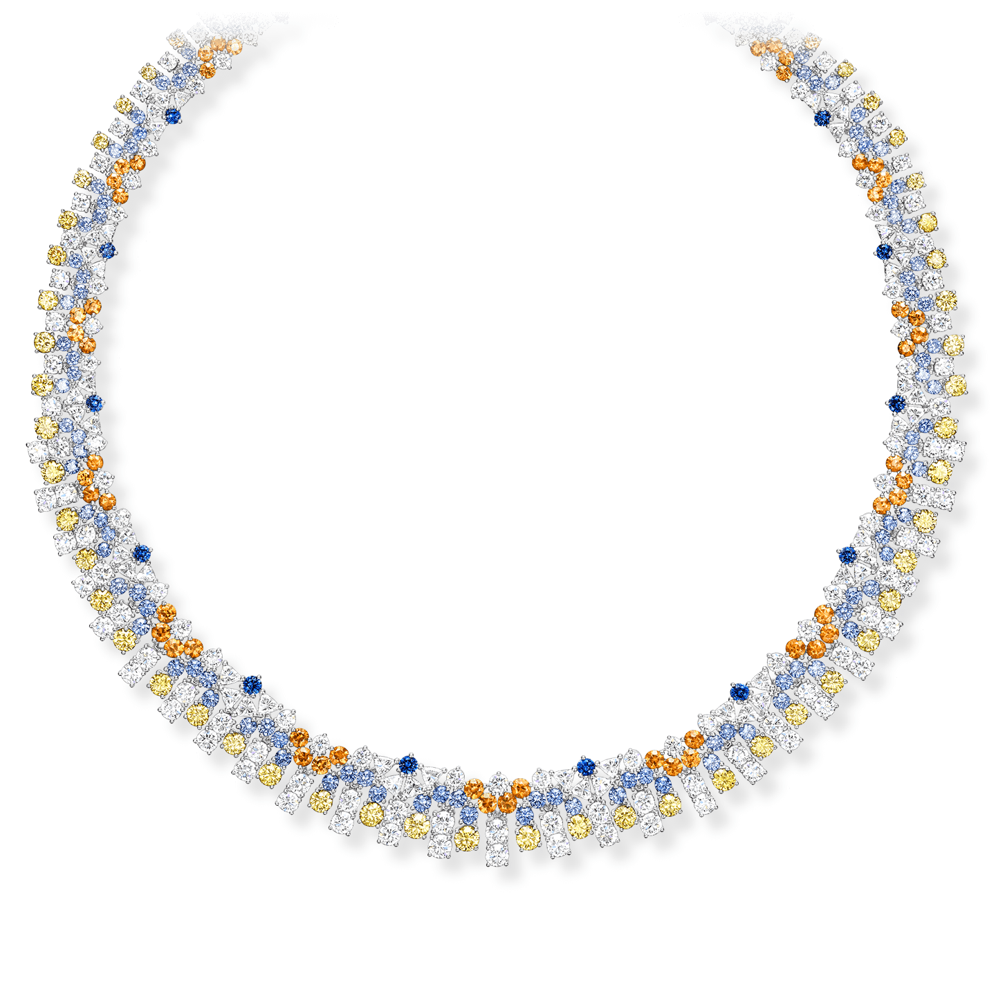 Manhattan Adornment Necklace with Sapphires, Spessartite Garnets, Yellow and White Diamonds