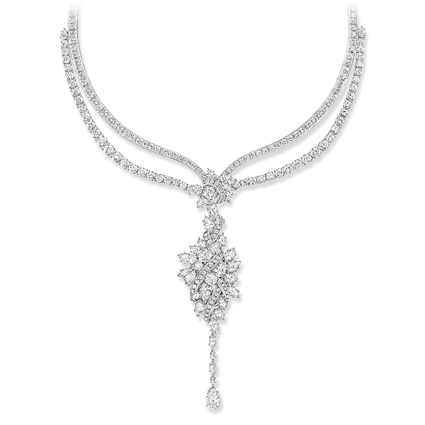 A necklace with 530 marquise, pear-shaped and round brilliant diamonds weighing a total of approximately 81.85 carats, set in platinum. 
The necklace's featured cluster pendant is a locket. Other elements of the necklace may be worn in seven different configurations.