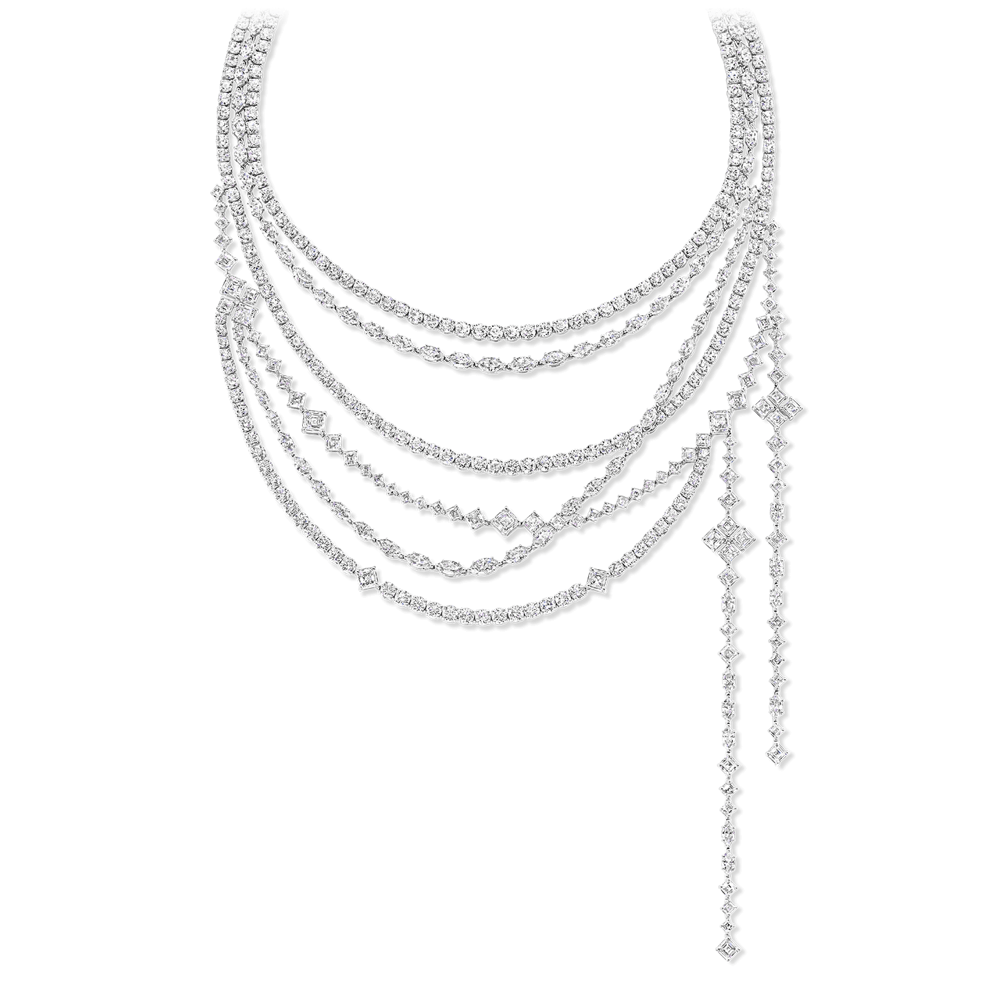  A necklace with 568 marquise, round brilliant, and square emerald-cut diamonds weighing a total of approximately 115.90 carats, set in platinum. Elements of the necklace may be worn in seven different configurations. 
