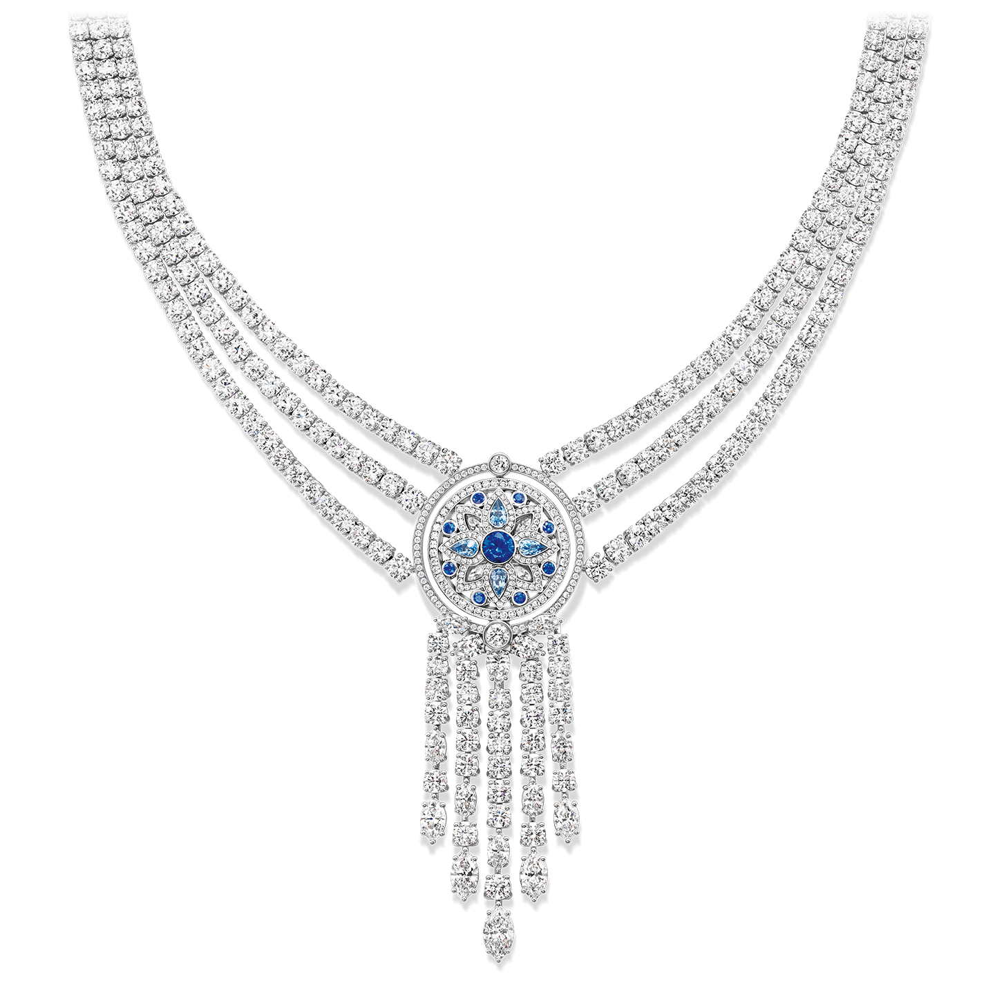 A three-row necklace with 4 pear-shaped aquamarines, 9 round sapphires, 686 marquise, pear-shaped, and round brilliant diamonds, set in platinum. The center motif is reversible.
