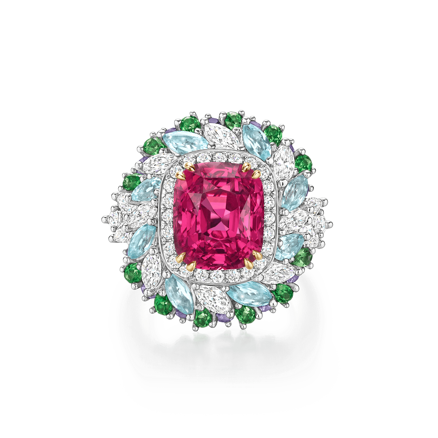 Winston Candy Reddish Pink Spinel Ring with Tsavorite Garnets, Purple Sapphires, Paraiba Tourmaline and Diamonds